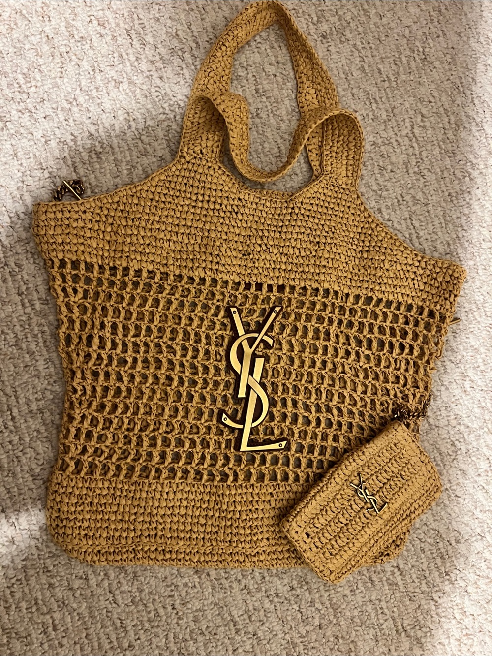 Crochet Raffia Tote with Y.S.L. Logo and Logo Pouch